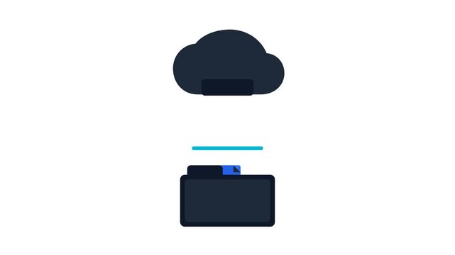 2D flat vector motion graphic illustrating a digital file download process. A document descends from a cloud storage icon into a computer folder, activating a progress bar that transforms into a compl