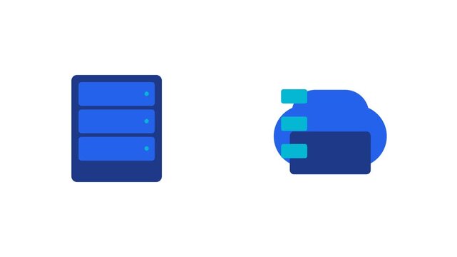 2D flat vector motion graphic illustrating a database backup workflow. Structured database blocks travel from a server along a transfer path into a cloud storage unit, where they integrate, secure beh