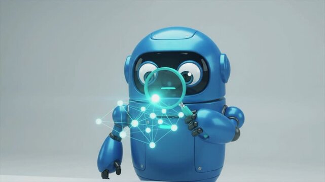 Cute 3D blue robot mascot analyzing glowing data network with magnifying glass