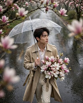 Young man holding umbrella and magnolia flowers walking on rainy