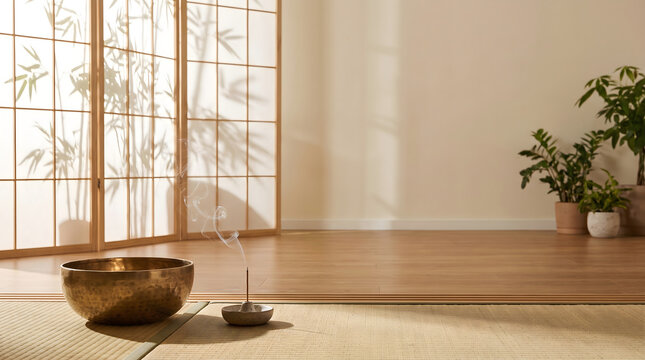Tibetan singing bowl and incense on tatami mat with soft shoji screen lighting and copy space