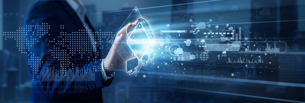 Cloud Computing concept with cloud engineer using digital tools to manage scalable cloud resources. Modern digital visual for secure workflow, data insight, efficiency, and smart decisions.