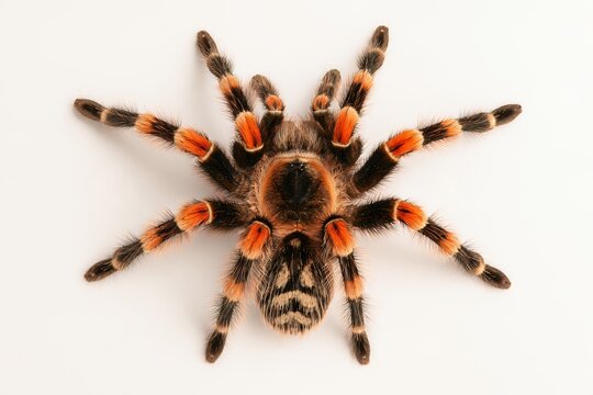 Colorful orange and black tarantula spider isolated on white background from top view