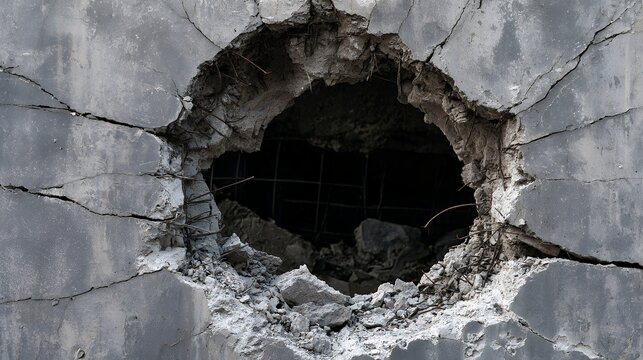 Large hole in cracked concrete wall with exposed rebar and rubble showing severe structural damage