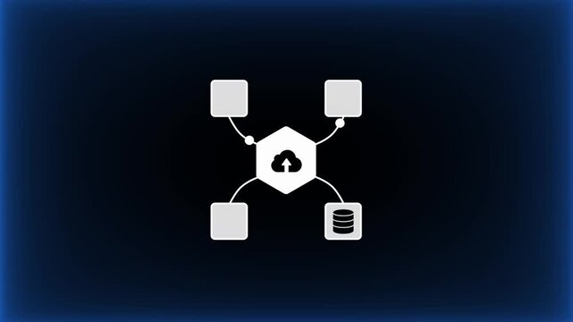 Showing a cloud upload hub connected to document, image, folder, and database icons for cloud storage and digital file management.