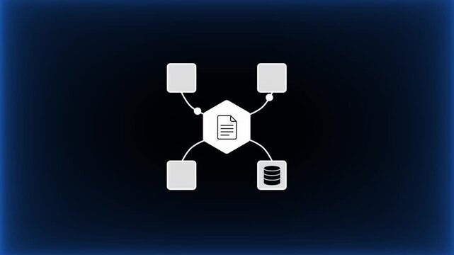 Flat vector animation showing a central document connected to folder, cloud upload, security shield, and database icons for secure cloud storage.