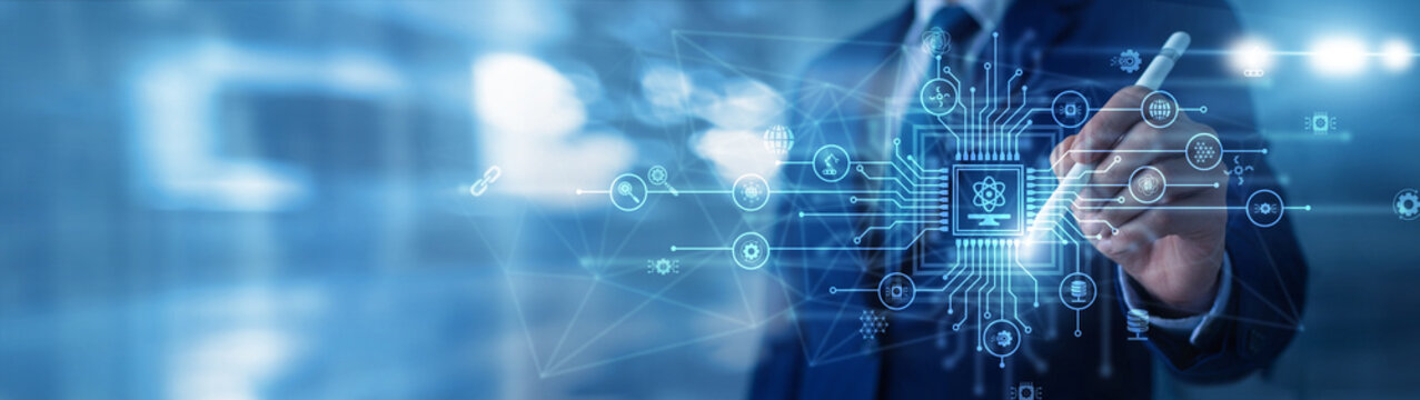 Computer Science concept with computer scientist using digital tools to develop algorithms and systems. Digital workflow for secure operations, data insight, efficiency, and smart decisions.