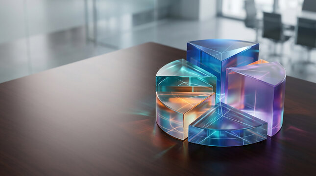 Glass 3D pie chart with vibrant colorful segments on wooden table, ideal for corporate financial reports, market data analysis and business strategy