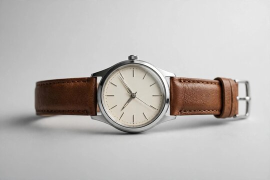 Analog wristwatch with leather strap isolated on white background