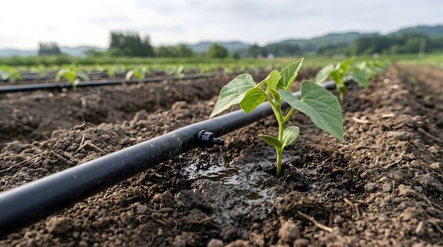 Dripping Drip Irrigation System Watering Green Seedling in Field