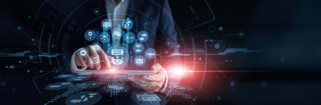 Chatbots and conversational AI concept with service manager   using tablet, analyzing chat requests and responses on holographic interface   for faster support in futuristic virtual workspace.