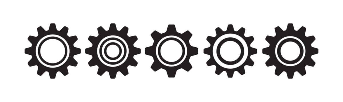 Black gear wheels with varied concentric circles for technology settings menu and software engineering icons.