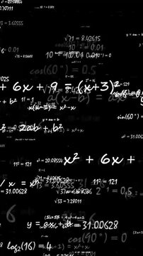 algebra quadratic equations, mathematical formula and calculus expression flying continuously toward camera used for stem learning, engineering and physics concept
