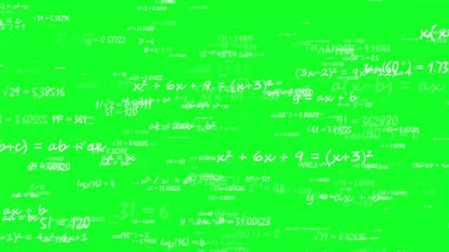 algebra and calculus mathematical equations scrolling on green screen chroma key background for educational video editing