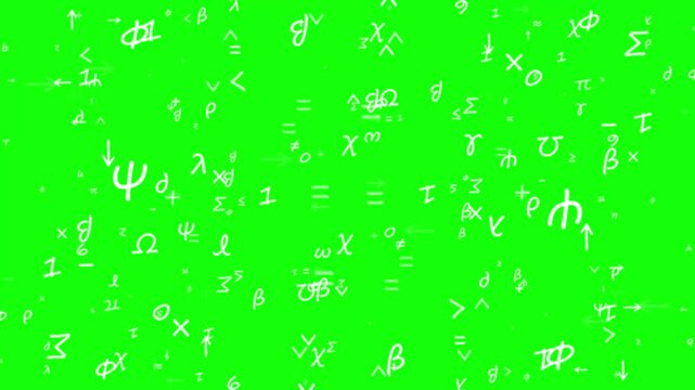 floating mathematical symbols and greek letters drifting on green screen chroma key background for scientific video editing