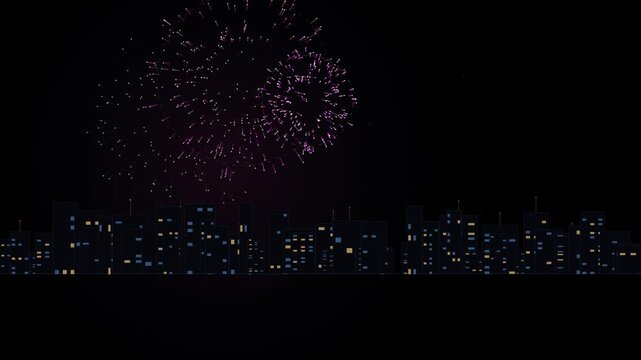 Abstract animation of a modern cityscape with glowing windows and vibrant fireworks exploding against a dark night sky motion background.