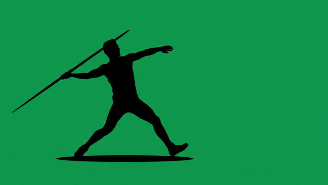 A silhouette of a male athlete captured mid-throw while competing in the javelin event, set against a solid, vibrant green background.