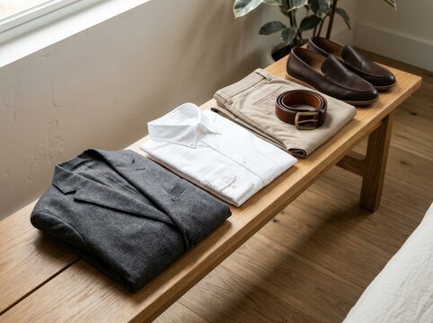 Capsule wardrobe of folded clothes and leather accessories
