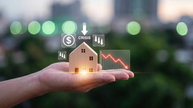 Miniature House in Hand with Declining Financial Graph and Crisis Icon