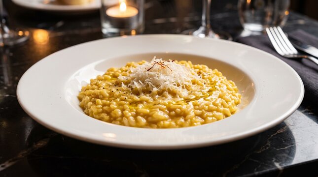 Gourmet Italian saffron risotto topped with grated parmesan cheese served elegantly on a white ceramic plate inside upscale restaurant featuring ambient lighting and dark marble table surfaces