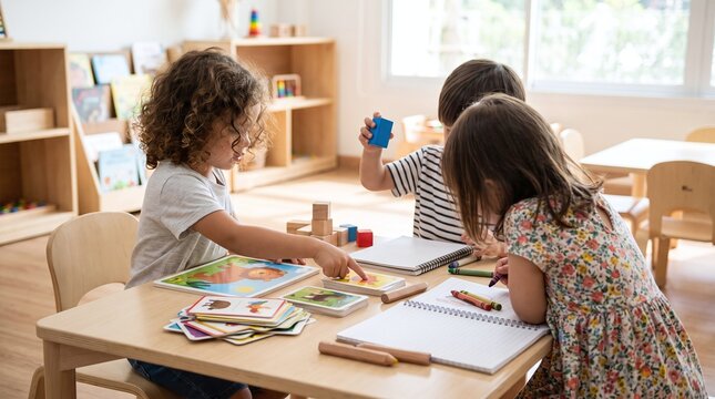 Children learning and playing with blocks and books at a table