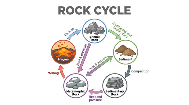Educational rock cycle vector diagram illustrating geological processes and mineral transformations inside the earth on white background