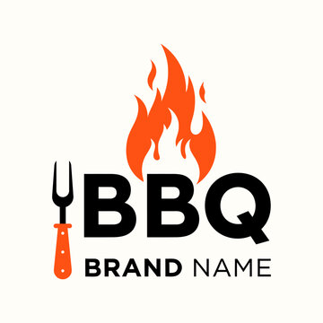 Barbecue logo design with fork and flames representing grilling and outdoor cooking for restaurant branding.