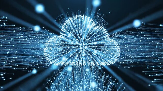 Digital cloud network forming from glowing particles in dark space, data transfer concept.