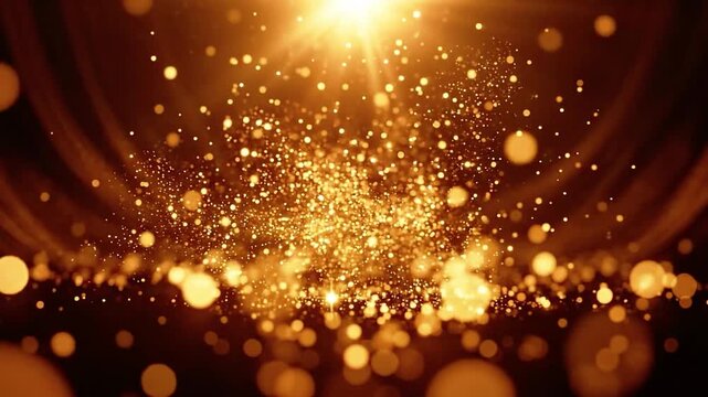 Abstract golden glitter dust particles sparkling and rising from below a dark background with a bright light source creating a festive celebration mood loop.