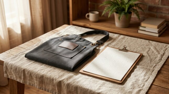 Black leather apron and clipboard mockup on table.
