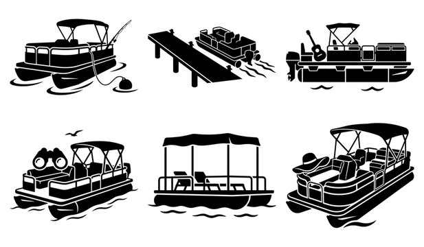 Leisure pontoon boat vector set featuring docking scenes and travel accessories