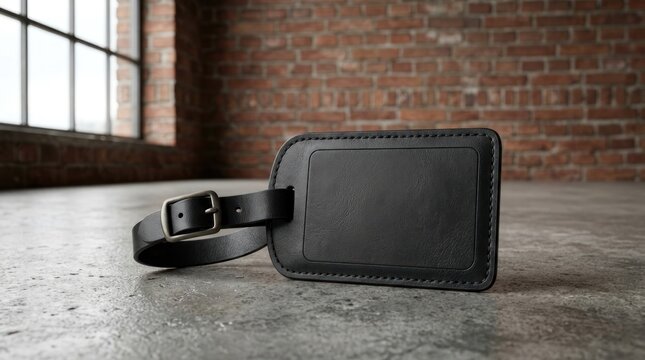 Black leather luggage tag with strap on industrial background.