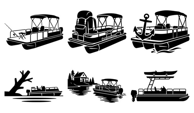 Pontoon boat leisure illustrations lake house camping watercraft vector set