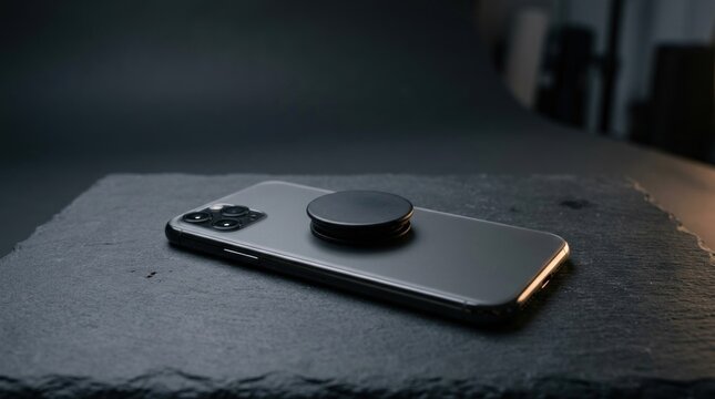 Black smartphone with pop socket on dark slate background.