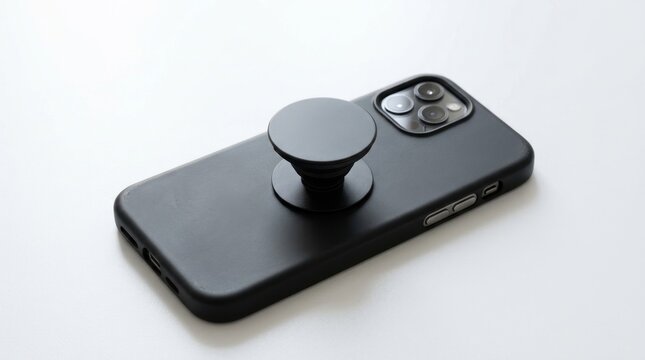 Black smartphone with pop up grip on back.