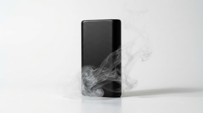 Black smartphone with rising smoke on white background.