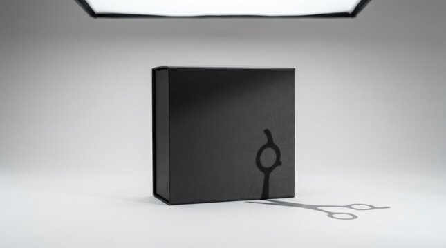 Black square product box mockup in minimalist studio setting.