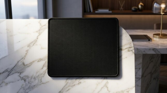 Black square mouse pad on marble countertop surface.
