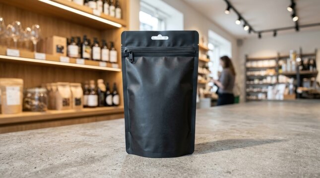 Black stand up pouch bag mockup in retail store.