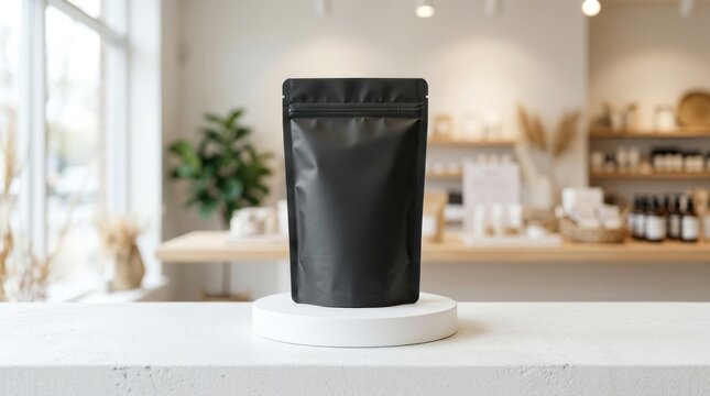 Black stand-up pouch packaging mockup in a bright store.