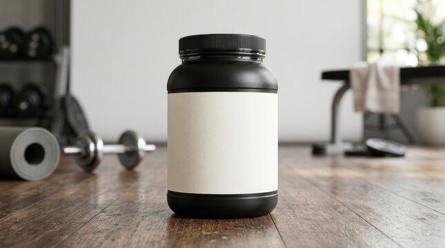 Black supplement jar mockup in a gym setting.