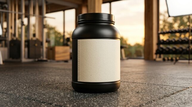 Black supplement container mockup on gym floor background