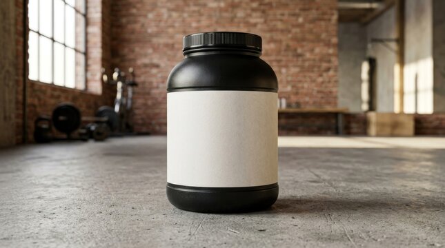 Black supplement jar mockup on a concrete gym floor.