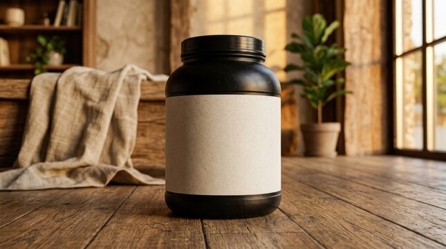 Black supplement jar with blank label on wood.