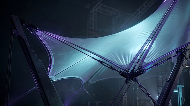 Tension membrane structure with glowing neon lighting, architectural fabric canopy in a dark industrial setting, 3D render for modern event design