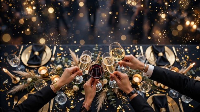 A joyful New Year's Eve toast as four individuals raise their champagne glasses together, celebrating the countdown