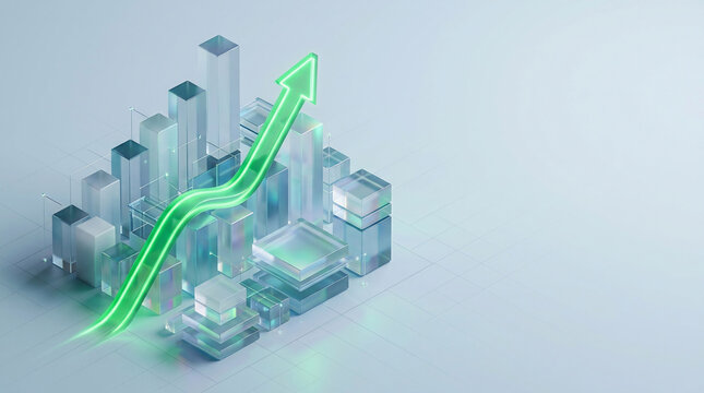 Isometric 3D glass bar chart with glowing green upward arrow, concept for financial growth, stock market analysis and business success