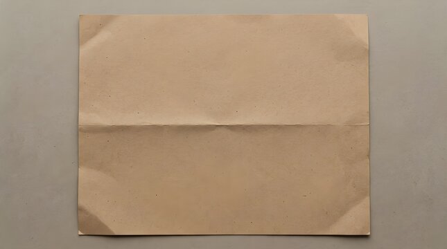 Folded kraft brown paper sheet on grey background, creased centre fold and worn corners, flat lay