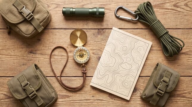 Adventure Gear Flat Lay: Compass, Map, Rope, Pouch, Flashlight