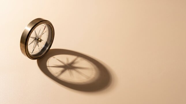 Compass casting shadow on beige background, navigation concept
